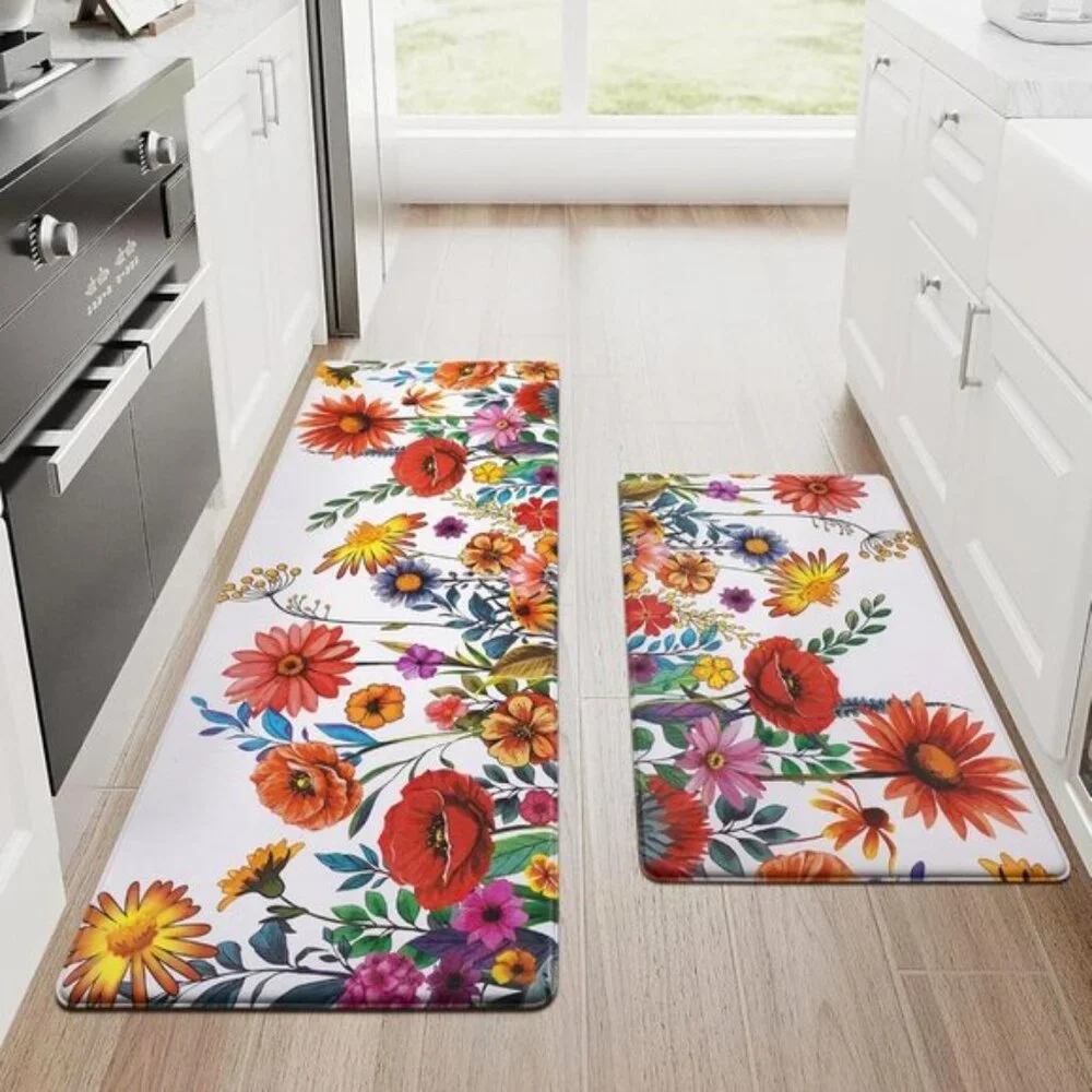 New Set of 2 White Floral Kitchen Mat, Anti-Fatigue, Cushioned, Non-Slip Mats